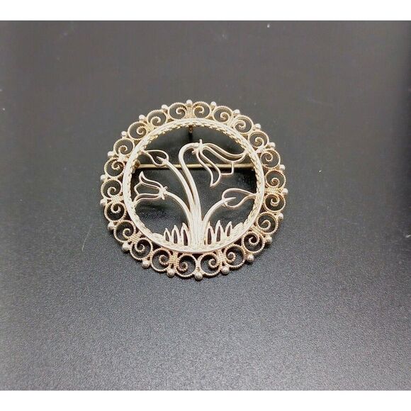 Vintage Scandinavian SYLVSMIDJA 830 Silver Filigree Tulip Flower Brooch Pendant - Picture 2 of 7
